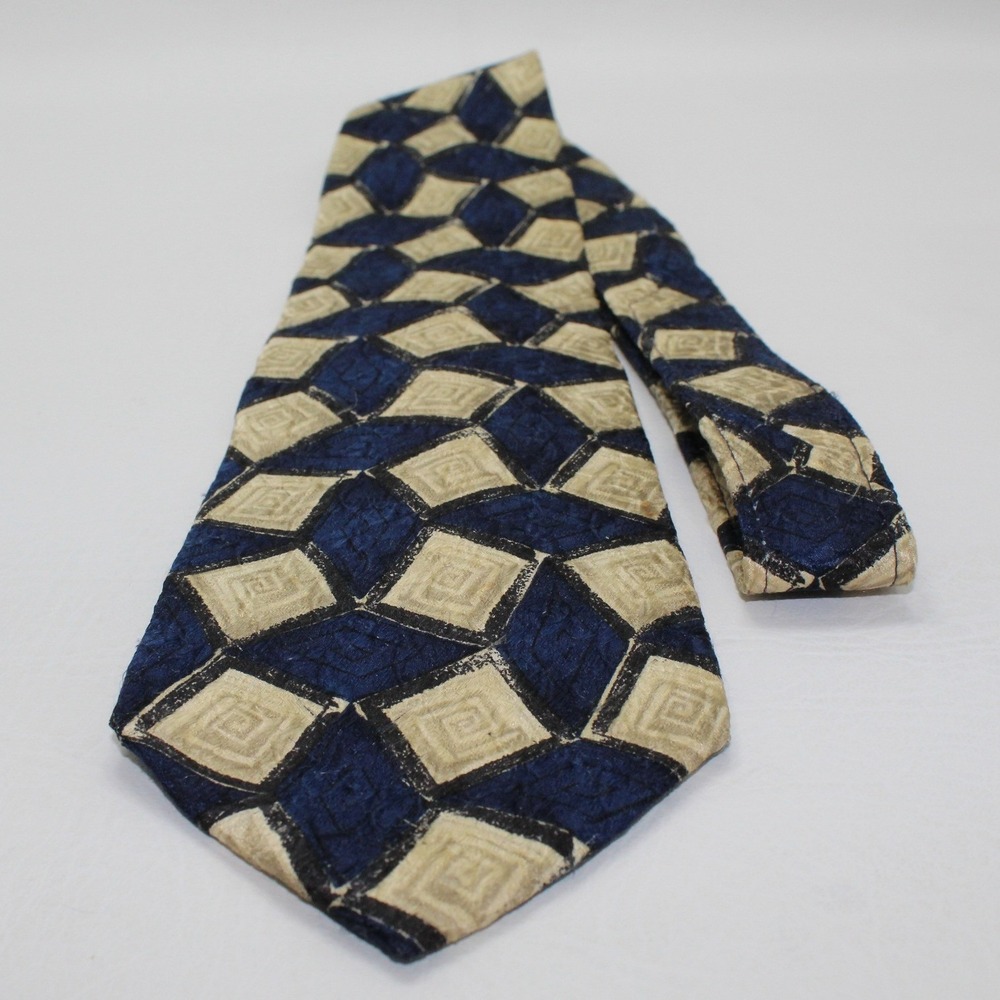 Roundtree & Yorke Mens Navy Blue‎ Cream Geometric Diamond Silk Tie Hand Sewn USA